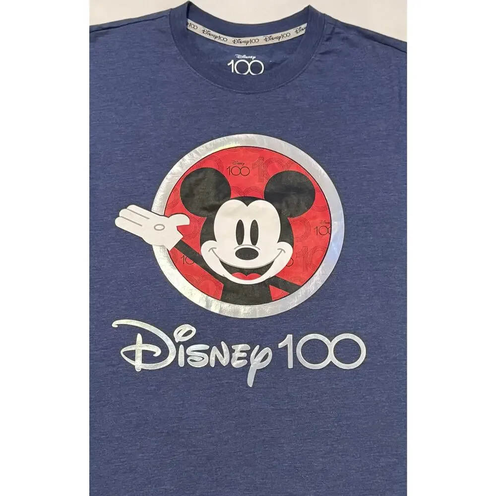 Disney 100 Mickey Mouse Mens Shirt Size Large Blue Short Sleeve Graphic T Shirt